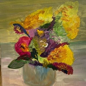 Acrylic painting of flowers in vase.